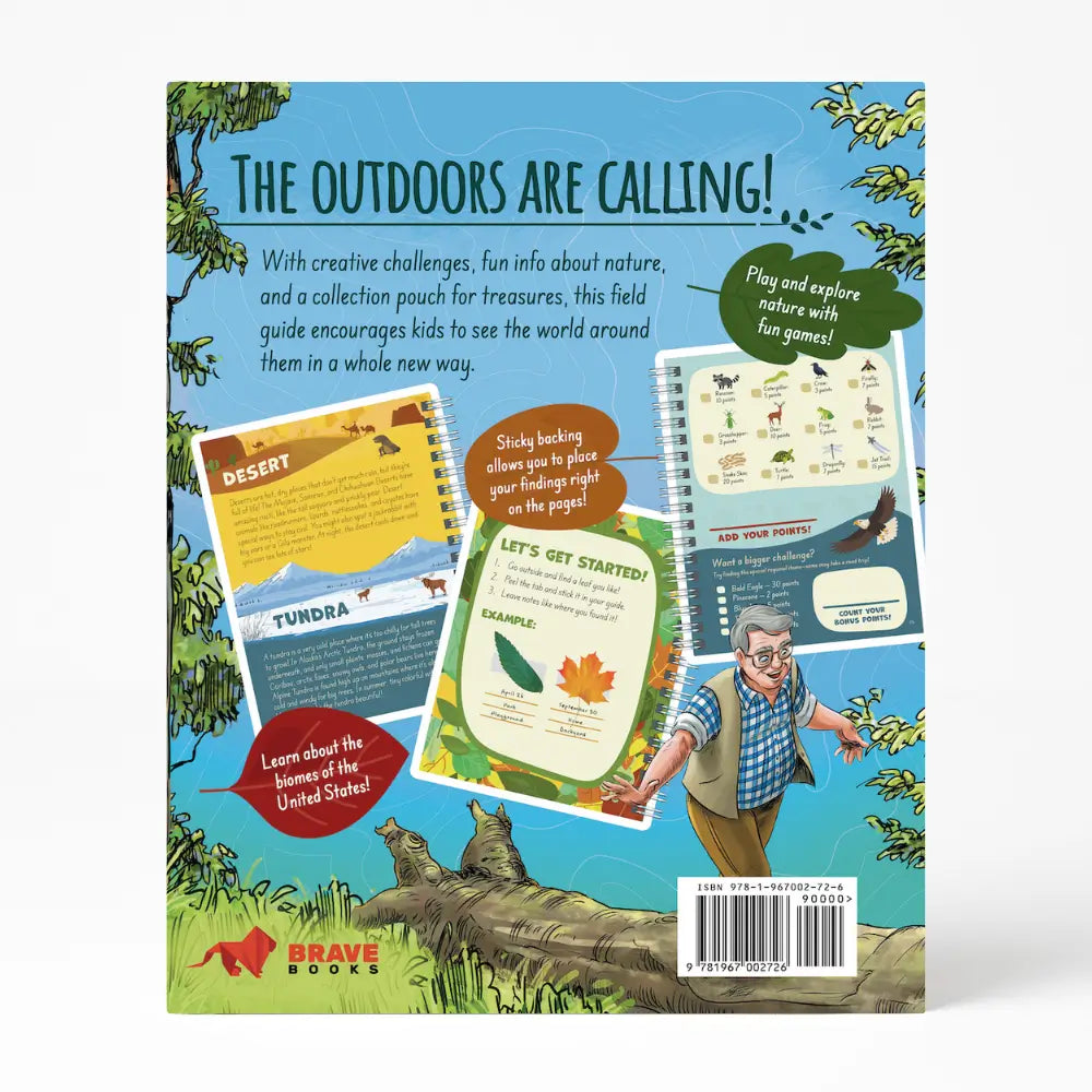 Back cover of a children's book about nature exploration with illustrations and text.