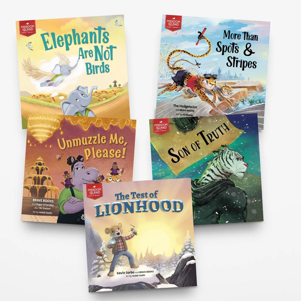 Four children's books with colorful covers featuring animals and text on a white background