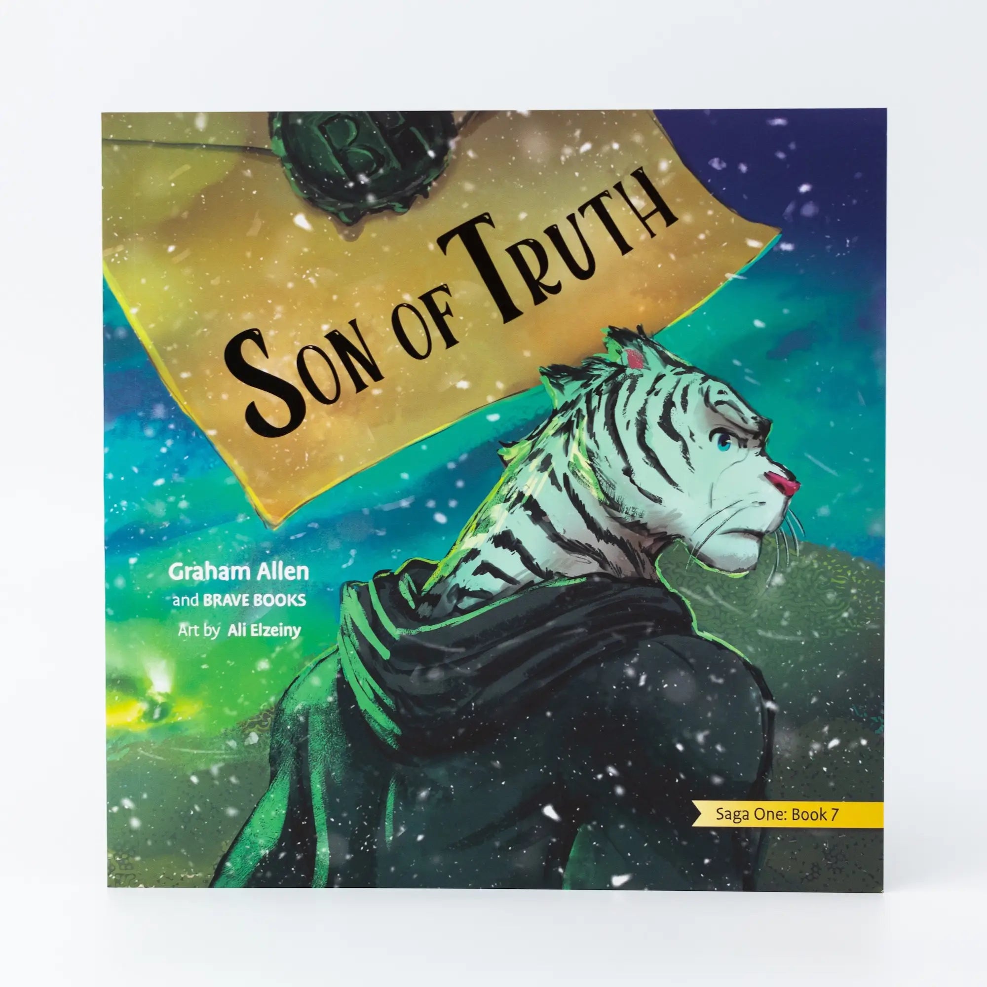 Book cover of 'Son of Truth' with a tiger-like character and green and blue background