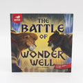 Book cover of 'The Battle of Wonder Well' with two lions facing each other on a white background.