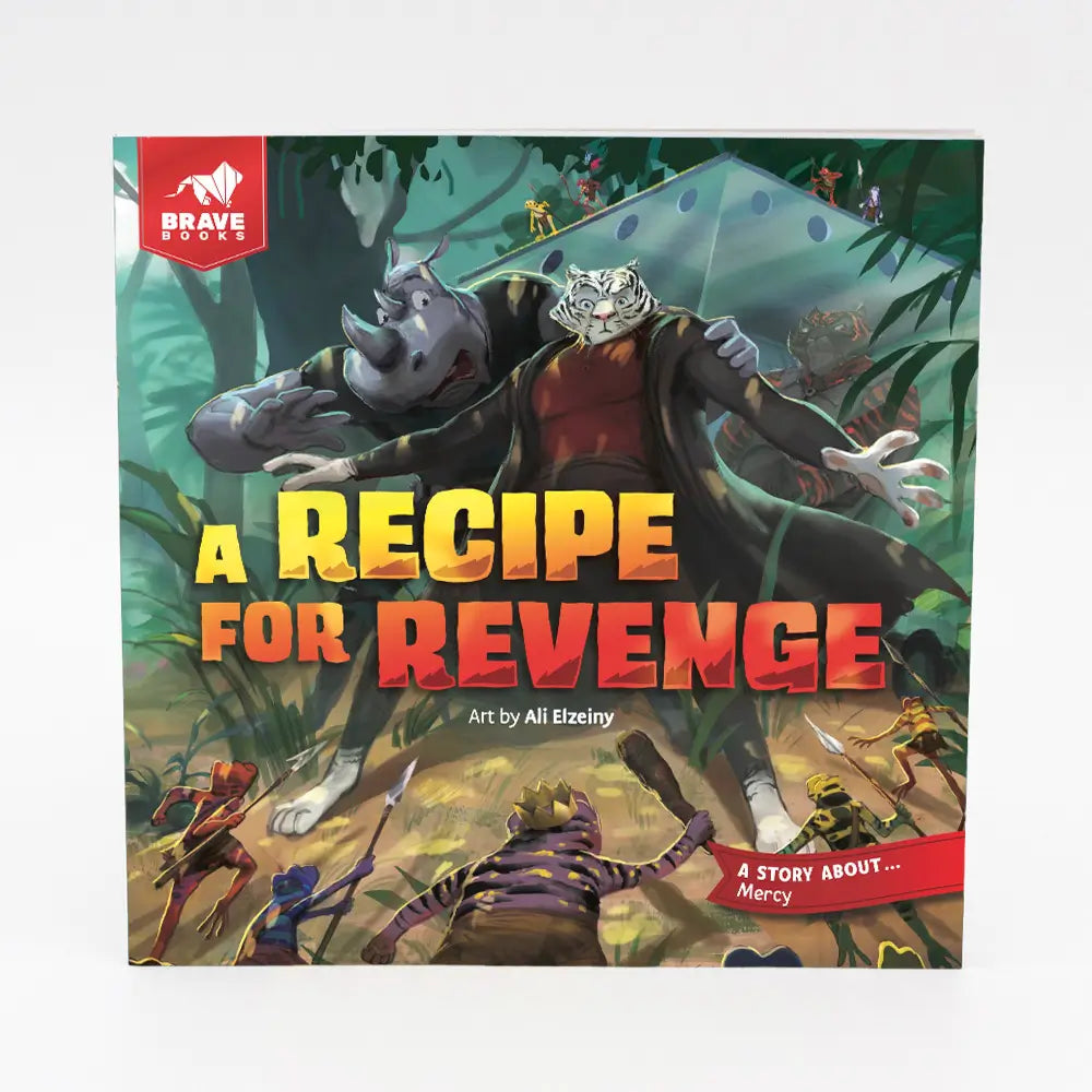 Book cover of 'A Recipe for Revenge' with animated characters in a jungle setting.